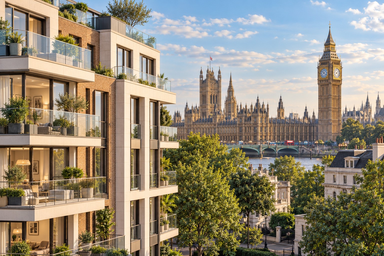 Illustrative modern residential building with Big Ben in the London background